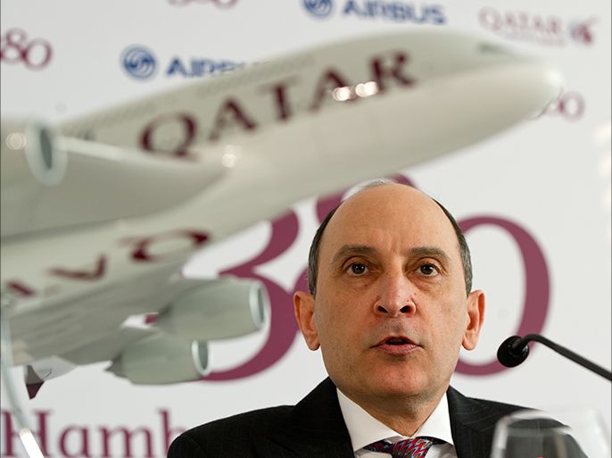 epa04403414 CEO of Qatar Airways, Akbar Al Baker speaks during a press conference on the delivery of the first Airbus A380 to Qatar Airways in Hamburg, Germany, 16 September 2014. Aircraft company Airbus has handed over the first A380 to Qatar Airways, which has ordered ten A380 in total, according to media reports. EPA/DANIEL BOCKWOLDT