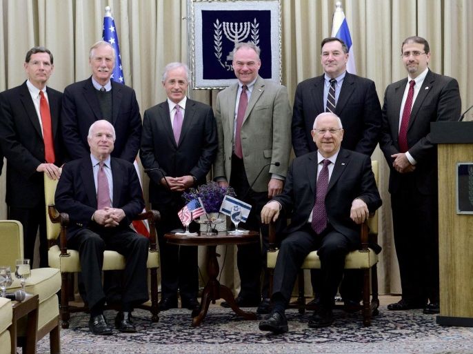 JERUSALEM - JANUARY 18: Israeli President Reuven Rivlin (R) meets with Chairman of the Senate Armed Services Committee, US Senator John McCain (L) during a meeting with an official delegation of US Senators led by McCain at the presidential palace in Jerusalem on January 18, 2015.