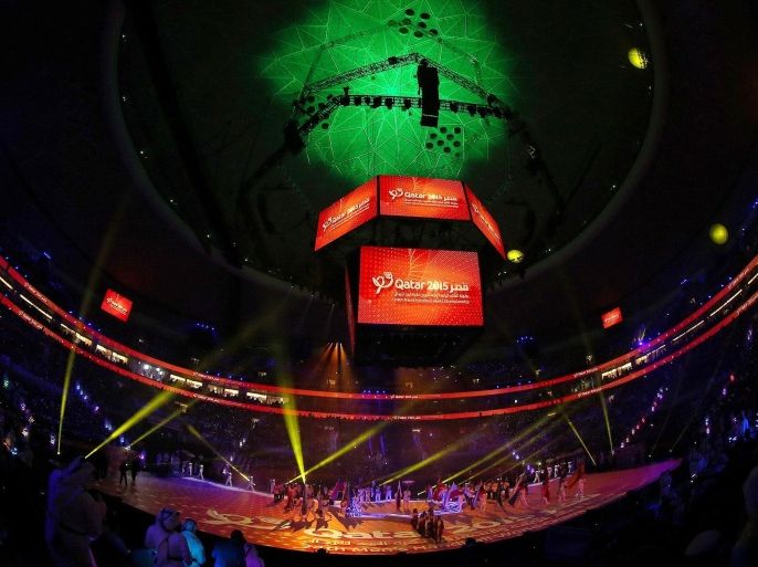 A general view shows the opening ceremony of the 24th Men's Handball World Championships at the Lusail Multipurpose Hall in Doha on January 15, 2015. AFP PHOTO / AL-WATAN DOHA / KARIM JAAFAR== QATAR OUT ==