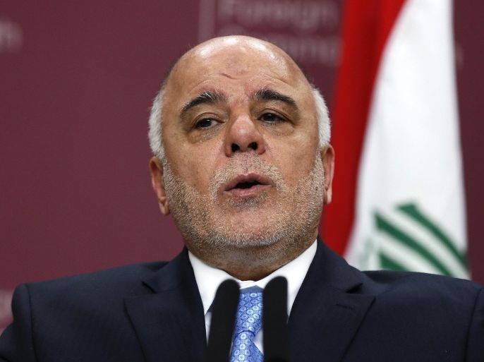 Iraq's Prime Minister Haider al-Abadi speaks during a press conference at the Foreign and Commonwealth Office in London, Thursday, Jan. 22, 2015. U.S. Secretary of State John Kerry says Iraq and its international partners have made significant gains in the fight against Islamic State militants, killing thousands of the group's fighters and 50 percent of its leadership. (AP Photo/Stefan Wermuth, Pool)