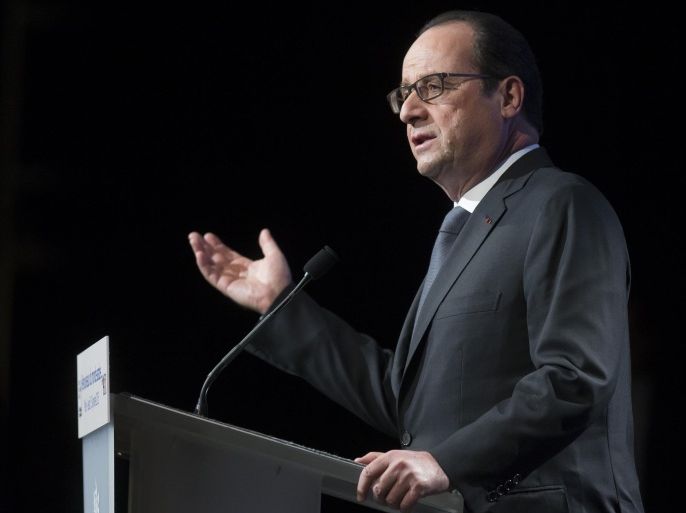 French president, Francois Hollande, delivers a speech as he visits the Arab Institute building in Paris, France, Thursday, Jan. 15, 2015. President Francois Hollande says France’s millions of Muslims should be protected and respected, but should also respect the nation’s strict secular policies. Hollande spoke Thursday after three radical Muslim gunmen killed 17 people in France’s worst attacks in decades. (AP Photo/Ian Langsdon, Pool)