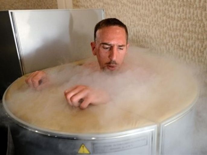 France's Franck Ribery sits in a cryotherapy chamber at the team's training center after a training session at the Euro 2012 soccer championship in Kircha near Donetsk, Ukraine, Thursday, June 7, 2012.