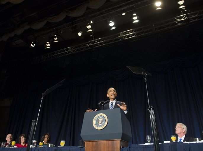 US President Barack Obama speaks during the National Prayer Breakfast in Washington, DC, February 5, 2015. AFP PHOTO / SAUL LOEB