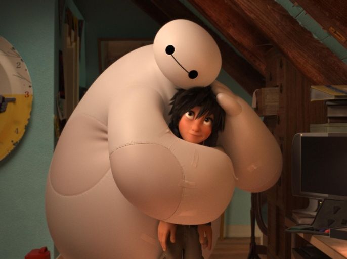 This image released by Disney shows animated characters Hiro Hamada, voiced by Ryan Potter, right, and Baymax, voiced by Scott Adsit, in a scene from "Big Hero 6." The film was nominated for an Oscar Award for best animated feature on Thursday, Jan. 15, 2015. (AP Photo/Disney)