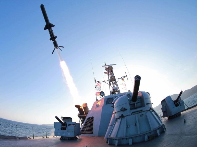 A missile is fired from a naval vessel during the test-firing of a new type of anti-ship cruise missile to be equipped at Korean People's Army (KPA) naval units in this undated photo released by North Korea's Korean Central News Agency (KCNA) in Pyongyang February 7, 2015. REUTERS/KCNA (NORTH KOREA - Tags: POLITICS MILITARY) ATTENTION EDITORS - THIS PICTURE WAS PROVIDED BY A THIRD PARTY. REUTERS IS UNABLE TO INDEPENDENTLY VERIFY THE AUTHENTICITY, CONTENT, LOCATION OR DATE OF THIS IMAGE. FOR EDITORIAL USE ONLY. NOT FOR SALE FOR MARKETING OR ADVERTISING CAMPAIGNS. THIS PICTURE IS DISTRIBUTED EXACTLY AS RECEIVED BY REUTERS, AS A SERVICE TO CLIENTS. NO THIRD PARTY SALES. NOT FOR USE BY REUTERS THIRD PARTY DISTRIBUTORS. SOUTH KOREA OUT. NO COMMERCIAL OR EDITORIAL SALES IN SOUTH KOREA