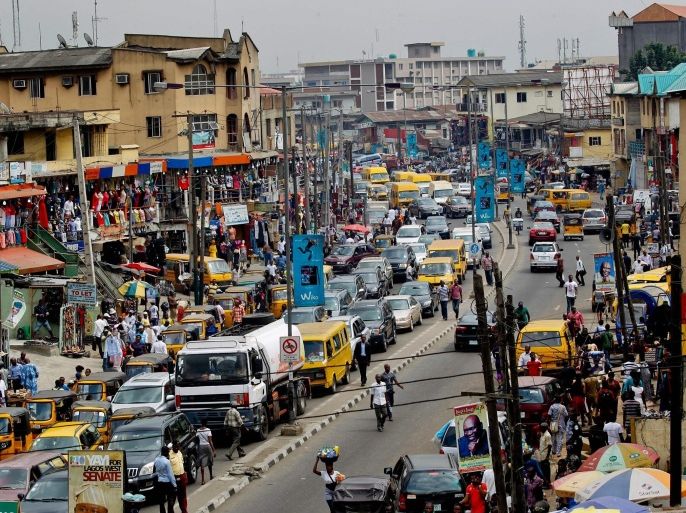 A partial view of the commercial center in downtown Ikeja, Lagos, Nigeria, 11 February 2015. Nigeria is africa's most populous nation, and a fast growing economy on the continent. recent reports state credit rating agencies may lower Nigeria's credit rating, as lower oil prices and political unrest have their impcat on country's economy. Nigeria is heavily dependent on oil revenues that make some 70 per cent of Nigeria's tax revenue. Oil also makes a major part of Nigeria's exports, amounting to some 90 per cent ot total exports.