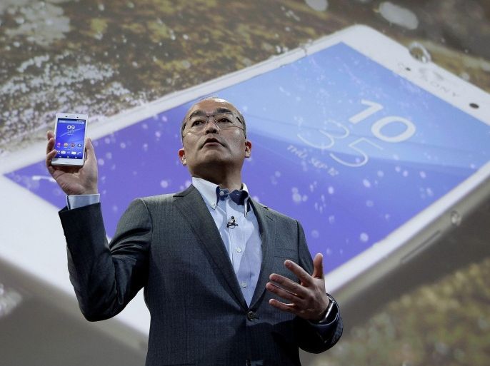 President of Sony Mobile, Hiroki Totoki, introduces the new Xperia M4 mobile during the GSM Mobile World Congress (MWC) 2015 at the Fira Gran Via exhibition center in Barcelona, northeastern Spain, 02 March 2015. The MWC 2015 running from 02 to 05 March is the world's largest mobile event.