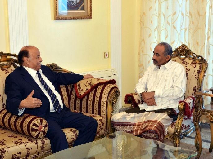 Yemeni President, Abdo Rabbo Mansour Hadi (L), meets Yemeni Defence Minister, Major General Mahmoud al-Subaihi (R), after his escape from house arrest by the Houthi militia, in the southern port city of Aden, Yemen, 11 March 2015. According to local reports al-Subaihi fled the Houthi rebel-held capital and arrived in the southern port city of Aden on 08 March.