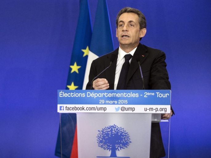 Former French President and President of right wing party Union pour un Mouvement Populaire (UMP - Union for a Popular Movement) Nicolas Sarkozy delivers a speech during the press conference organized at the party headquarter in Paris following the results of the 2015 Departmental Election, France, 29 March 2015. The first results give the UMP large winner of the election.
