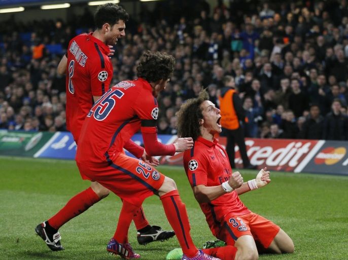 Football - Chelsea v Paris St Germain - UEFA Champions League Second Round Second Leg - Stamford Bridge, London, England - 11/3/15 David Luiz celebrates with team mates after scoring the first goal for PSG Reuters / Stefan Wermuth Livepic EDITORIAL USE ONLY.