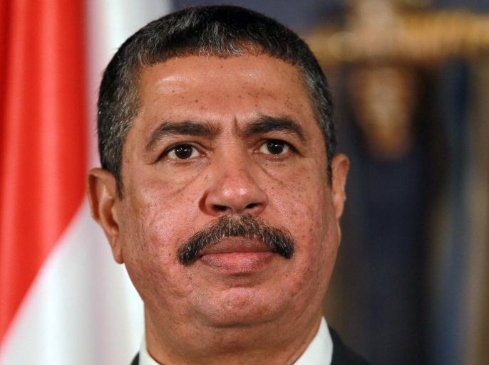 Newly appointed Yemeni Prime Minister Khalid Bahah holds a press conference after his cabinet was sworn in at the Presidential Palace on November 9, 2014 in the capital Sanaa. The formation of the new cabinet on November 8, under a peace deal agreed when Shiite Huthi rebels seized the capital on September 21, had been delayed because of tensions between the rebels and their political rivals. AFP PHOTO / MOHAMMED HUWAIS