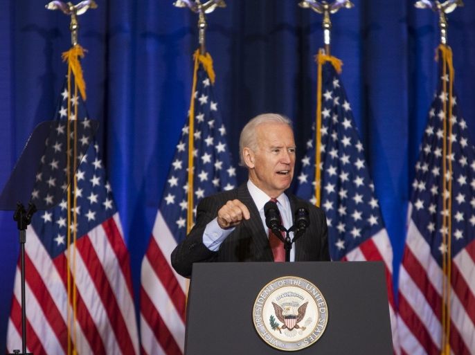 WASHINGTON, USA - APRIL 9: United States Vice President Joe Biden speaks at the National Defense University on Iraqs political and military progress and the work that needed to defeat Daesh (Islamic State of Iraq and The Levant) terrorists in Washington, USA on April 9, 2015.