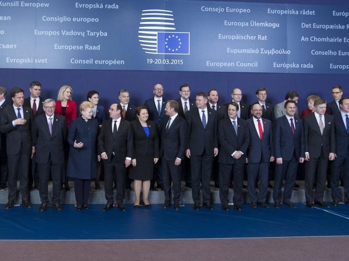 European Union leaders pose for a group photo during a European Union leaders summit in Brussels March 19, 2015. EU leaders meet on Thursday to discuss the planned Energy Union and the situation in Ukraine, with a smaller group including German Chancellor Angela Merkel and French President Francois Hollande set to meet Greek Prime Minister Alexis Tsipras at the end. REUTERS/Yves Herman