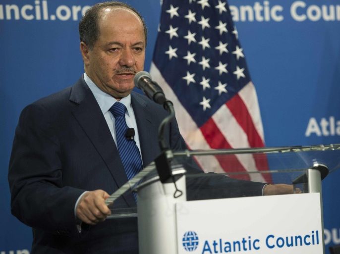 President of the Kurdistan region of Iraq, Masoud Barzani speaks at the Atlantic Council in Washington, DC, May 6, 2015. Barzani met May 5 with US President Barack Obama, who praised the 'courage' of the Kurdish peshmergas, key pieces of land in combating jihadists the Islamic State. President Obama and Vice President Joe Biden reaffirmed support 'strong and continuous' Washington to the autonomous region of Iraqi Kurdistan and the Kurdish people. AFP PHOTO/JIM WATSON