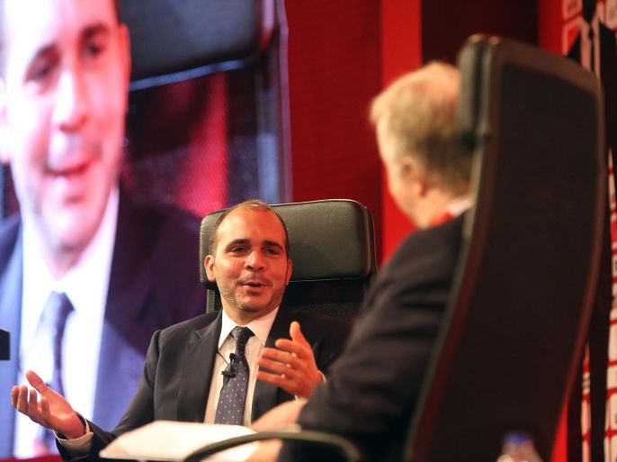 DEAD SEA, JORDAN - MAY 3: Prince Ali Bin Al-Hussein speaks at the discussion studio at the opening of the Soccerex convention, the world's largest football business event bringing together global leaders in the business of football to debate network and do business on May 3, 2015 at the King Hussein convention centre, Dead Sea, Jordan.