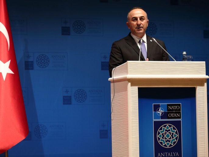 Turkish Foreign Minister Mevlut Cavusoglu speaks during a press conference at the NATO Foreign Ministers Summit in Antalya, Turkey, 12 May 2015. NATO foreign ministers will gather to discuss a range of topics at the summit taking place 13 to 14 May 2015.