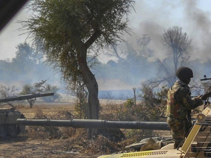 A handout picture dated 03 May 2015 released by the Nigerian Army shows an insurgents' camp being destroyed by Nigerian military in the Sambisa Forest, Borno state, Nigeria. Operations by the Nigerian military over the past 10 days in the Sambisa Forest have freed over 700 women and children from the Islamic militants. The Nigerian National Emergency Management Agency (NEMA) are taking care of the rescued at Malkohi camp in Yola. EPA/NIGERIAN ARMY / HANDOUT