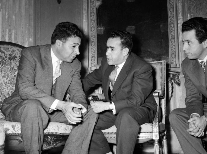 (Archive) A picture taken circa November 4, 1955 in La Celle Saint Cloud, in Paris suburbs, shows Mehdi Ben Barka (C), leader of Moroccan independentist Istiqlal parti, taking part in the negociations which will lead to the return to Morocco of Sultan Mohammed ben Youssef exiled in Madagascar and to the end of the protectorate in March 1956. Talks between Sultant Mohammed ben Youssef and French Foreign minister Antoine Pinay lasted from November 4 to 6.
