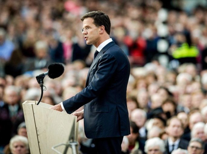 Dutch Prime Minister Mark Rutte delivers a speech during a National Remembrance ceremony at the National Monument on Dam Square in Amsterdam, The Netherlands, 04 May 2015. The ceremony is held annually and commemorates all civilians and members of the armed forces of the Kingdom of the Netherlands who have died in wars or peacekeeping missions since the outbreak of World War II.