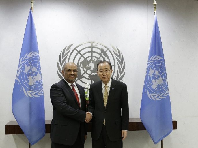 Khaled Hussein Mohamed Alyemany (L), Permanent Representative of the Permanent Mission of Yemen to the United Nations presents his credentials United Nations Secretary General Ban Ki-moon (R), at United Nations headquarters in New York, New York, USA, 20 January 2015.