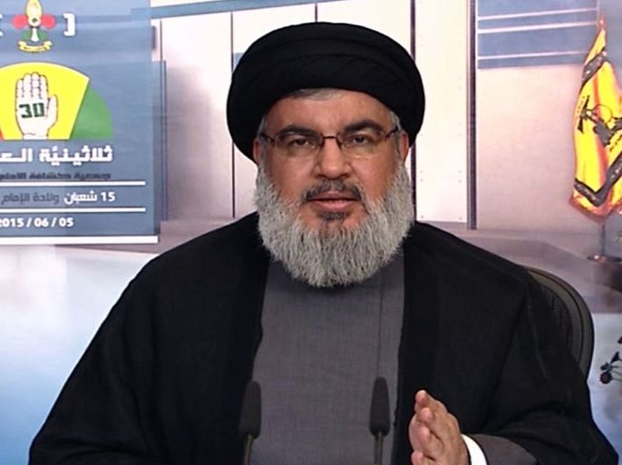 LEBANON : An image grab taken from Hezbollah's al-Manar TV on June 5, 2015, shows Hassan Nasrallah, the head of Lebanon's militant Shiite Muslim movement Hezbollah, giving a televised address from an undisclosed location in Lebanon. Nasrallah threatened that his group would displace "millions" in Israel if the Jewish state attacks Lebanon. AFP PHOTO / HO / AL-MANAR