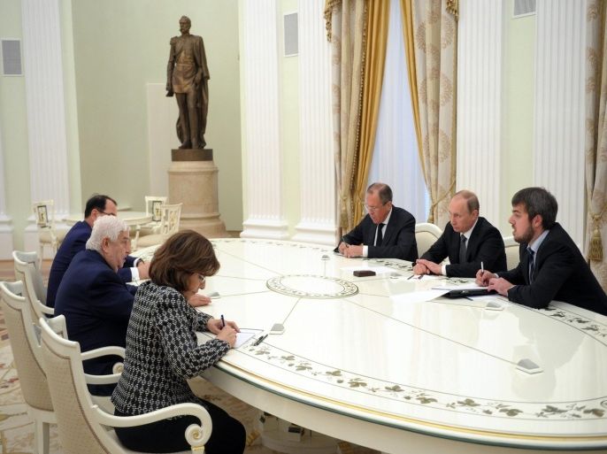 Russian Foreign Minister Sergei Lavrov (3-R) and Russian President Vladimir Putin (2-R) meet with Syrian Foreign Minister Walid Muallem (2-L) in the Kremlin in Moscow, Russia, 29 June 2015. Situation from Syria and fighting against the international terrorism were discussed during the meeting. EPA/ALEXEY NIKOLSKY / RIA NOVOSTI / KREMLIN POOL MANDATORY CREDIT