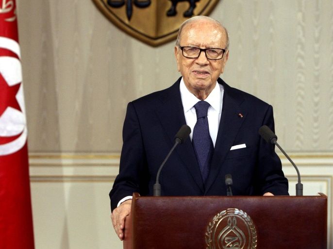 Tunisian President Beji Caid Essebsi, speaks as he announces the state emergency in Tunis, Tunisia, Saturday July 4, 2015.Tunisia's president declared a state of emergency on Saturday in response to a second deadly attack on foreigners in three months, saying the country is "not safe" and risks collapse from further extremist attacks. (AP Photo/Ali Louati)