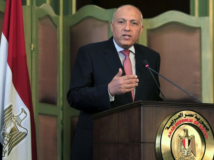 Egyptian Foreign Minister Sameh Shoukry speaks during a news conference after a meeting with his Italian counterpart Paolo Gentiloni at the foreign ministry in Cairo, Egypt, July 13, 2015. Gentiloni's visit comes two days after Islamic State claimed responsibility for a car bomb attack at the Italian consulate in central Cairo on Saturday, in an escalation of violence that suggests militants are opening a new front against foreigners in Egypt. REUTERS/Mohamed Abd El Ghany
