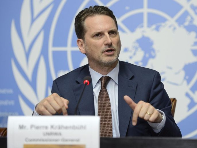 Swiss Pierre Kraehenbuehl, UNRWA Commissioner-General, speaks during a press conference at the European headquarters of the United Nations in Geneva, Switzerland, 19 June 2015. For the past 65 years, the United Nations Relief and Works Agency (UNRWA) has engaged relentlessly to address the needs and advocate for the rights of Palestine refugees in the West Bank and Gaza, in Syria, Lebanon and Jordan. With instability spreading in the Near and Middle-East, Palestine refugees are facing an existential threat and growing dispossession and despair.