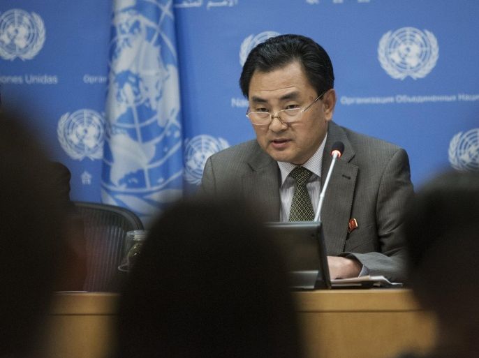 Ambassador An Myong Hun, Deputy Permanent Representative of the Mission of the Democratic People's Republic of Korea, addresses the situation on the Korean Peninsula in a news conference at the United Nations in New York, August 21, 2015. North Korea put its troops on a war footing on Friday as South Korea rejected an ultimatum to stop propaganda broadcasts or face military action, prompting China to voice concern and urge both sides to step back. REUTERS/Andrew Kelly