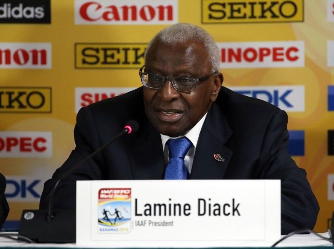 NASSAU, BAHAMAS - MAY 01: Lamine Diack, President of IAAF, speaks during an IAAF/LOC press conference on May 1, 2015 at the Atlantis Hotel in Nassau, Bahamas.