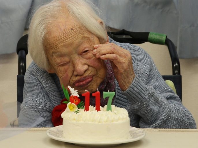 OSAKA, JAPAN - MARCH 05: Misao Okawa, the world's oldest Japanese woman, is seen during her 117th birthday celebration at Kurenai Nursing Home on March 5, 2015 in Osaka, Japan. Japanese woman Misao Okawa is the oldest living person in the world as certified by the Guinness World Records and celebrated her 117th birthday today. Okawa has held the title as the world's oldest living person since the June 12, 2013 and the death of Jiroemon Kimura who lived to 116 years and 54 days old. She is ranked as the Oldest Japanese person ever and only the third person to have ever reached the age of 117 in the world.