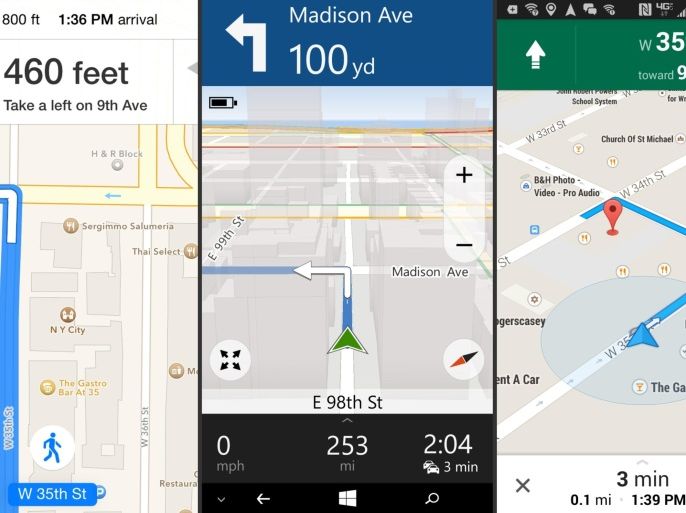 This combination of screen shots shows mapping apps, from left, Apple Maps for iPhones, Microsoft Here for Lumia-branded Windows phones, and Google Maps for Android. Mapping apps have grown more sophisticated in the last five years. (AP Photo)