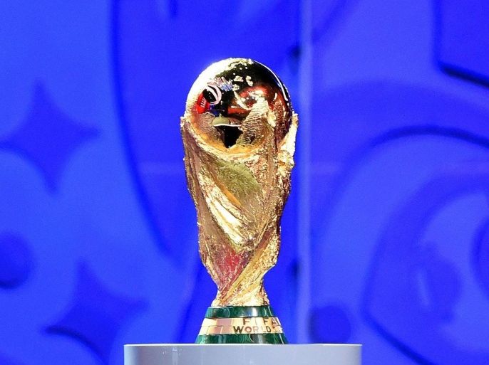 The FIFA World Cup Trophy on display during the Preliminary Draw of the FIFA World Cup 2018 at Konstantinovsky palace outside St.Petersburg, Russia, 25 July 2015. St.Petersburg is one of the host cities of the FIFA World Cup 2018 in Russia which will take place from 14 June until 15 July 2018.