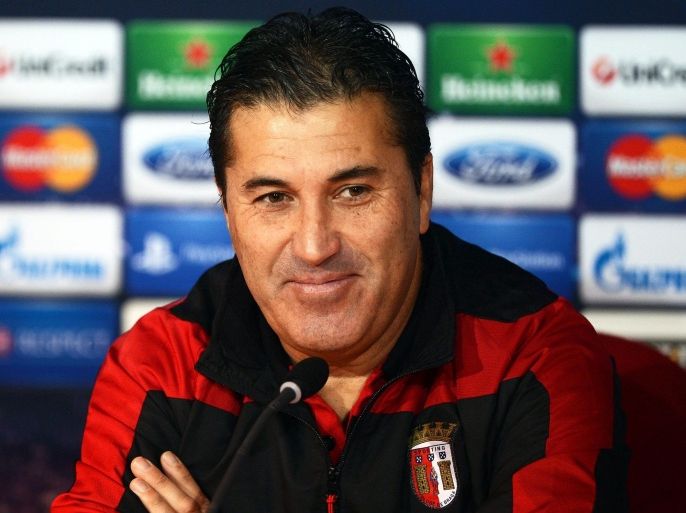 Sporting Braga's Portuguese head coach Jose Peseiro smiles during a press conference at the Braga stadium in Braga, northern Portugal, 04 December 2012. Braga will face Galatasaray Istanbul in the UEFA Champions League group H soccer match on December 05.