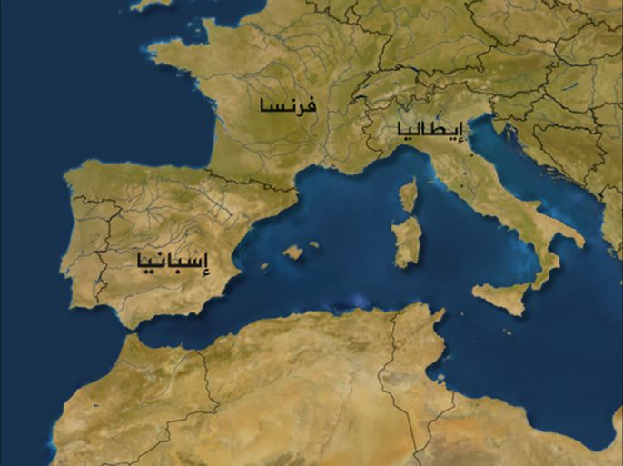 خريطة لحوض البحر المتوسط - اسبانيا وايطاليا وفرنسا