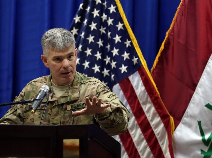 New spokesman for the US-led coalition in Iraq Col. Steve Warren speaks to reporters during a news conference held at the US embassy in the heavily fortified Green Zone, in Baghdad, Iraq, Thursday, Oct. 1, 2015. (AP Photo/Khalid Mohammed, Pool)