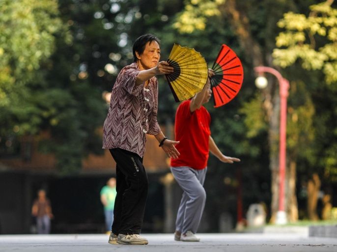 Women practice tai chi with traditional Chinese fans during their morning exercise at a park in Guangzhou, Guangdong province, November 6, 2014. REUTERS/Alex Lee (CHINA - Tags: SOCIETY)