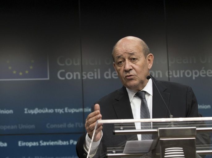 French Defence Minister Jean-Yves Le Drian during a news conference of European Union foreign and defence ministers at the EU Council in Brussels, Belgium, November 17, 2015. REUTERS/Delmi Alvarez FOR EDITORIAL USE ONLY. NO RESALES. NO ARCHIVE.
