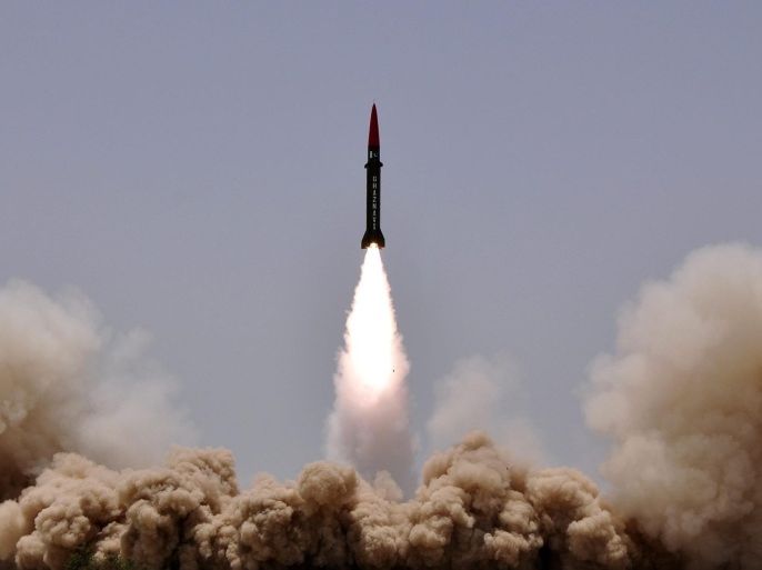 A handout picture released by the Pakistani military Inter Services Public Relations (ISPR) on 08 May 2014 shows Pakistan's Hatf-III (Ghaznavi) ballistic missile, capable of carrying nuclear warheads, taking off during a test-firing from an undisclosed location. Pakistan on 08 May 2014, conducted a successful training launch of Short Range Surface to Surface Ballistic Missile Hatf-III (Ghaznavi), capable of carrying nuclear warheads upto a range of 290 kilometers. EPA/INTER SERVICES PUBLIC RELATIONS / HANDOUT
