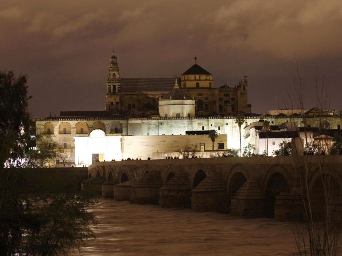 View of the Cordoba Mosque during the 'Earth Hour' event that took place in Cordoba, Andalusia, south of Spain, 23 March 2013, an event that takes a stand against climate change. 'Earth Hour' is a global campaign to encourage businesses, communities and individuals to take the simple steps needed to cut their emissions. The event is the seventh annual 60 minutes of self-imposed darkness intended to highlight the need to cut greenhouse gases behind global warming.