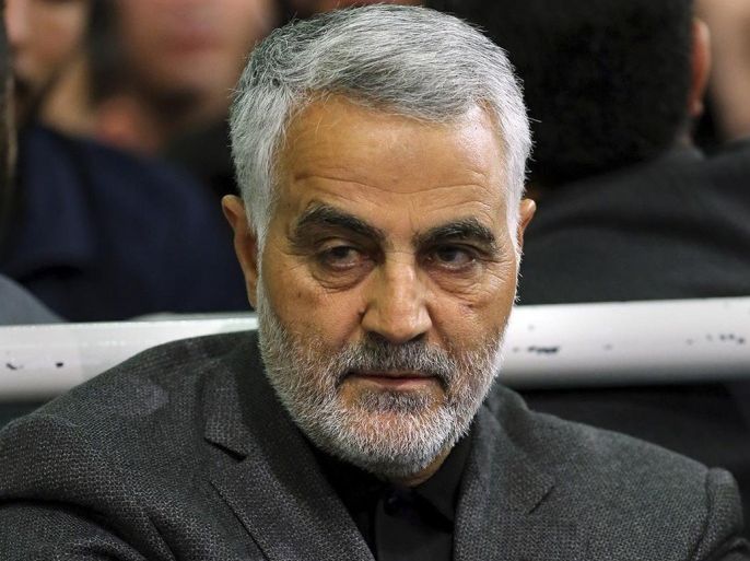 FILE - In this March 27, 2015 file photo released by an official website of the office of the Iranian supreme leader, commander of Iran's Quds Force, Qassem Soleimani, sits in a religious ceremony at a mosque in the residence of Supreme Leader Ayatollah Ali Khamenei in Tehran, Iran. The tide of global rage against the Islamic State group lends greater urgency to ending the jihadis’ ability to operate at will from a base in war-torn Syria. Iran has sent more advisers into Syria in recent weeks, as well as reportedly dispatching again Gen. Soleimani. (Office of the Iranian Supreme Leader via AP, File)