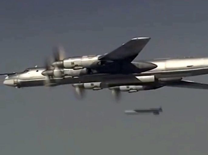 A handout frame grab from video footage published on the official website of the Russian Defence Ministry 17 November 2015 shows Russian TTu-95MS turboprop-powered strategic bomber releasing a missile against Islamic State targets in Syria. Russian Tu-160, Tu-95MS, Tu-22 M3 long-range aviation warplanes based in Russian territory carried out airstrikes against what Russia says were Islamic State targets in Syria. EPA/RUSSIAN DEFENCE MINISTRY PRESS SERVICE / HANDOUT BEST QUALITY AVAILABLE HANDOUT EDITORIAL USE ONLY/NO SALES