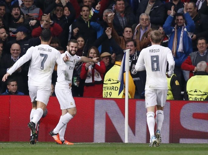 Football - Real Madrid v Paris St Germain - UEFA Champions League Group Stage - Group A - Santiago Bernabeu Stadium - 3/11/15 Real Madrid's Nacho celebrates scoring their first goal with teammates Reuters / Juan Medina Livepic EDITORIAL USE ONLY.