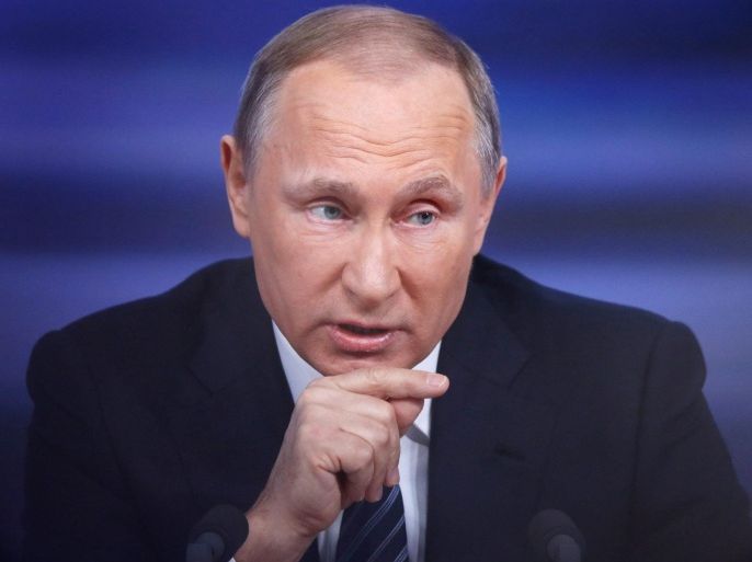 Russian President Vladimir Putin speaks during his annual news conference in Moscow, Russia, 17 December 2015. He was expected to address questions on domestic and international issues, especially Russia's involvement in Syria and Ukraine, and its fight against international terrorism.