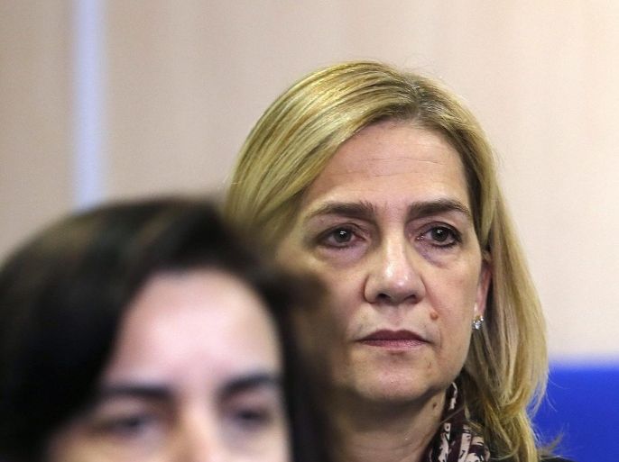 Spanish Princess Cristina sits attends her trial at the Balearic Academy of Public Administration (EBAP) in Palma de Mallorca, Spain, on 11 January 2016. The princess is to become the first member of the Spanish royal family to stand trial after she was charged with tax fraud due to the corruption case in which her husband, Inaki Urdangarin, is involved. He is accused of embezzling about 6 million euros in public funds through a charity, the Noos Institute, which he ran from 2004 to 2006. Far-right trade union Manos Limpias demands 8 years of prison for the Princess and 26 years and 6 months for Urdangarin, while the General Attorney asks for a 19 year sentence for him. As the General Attorney has not presented charges against the Princess, only Manos Limpias keeps its accusation, the Princess' lawyers will demand the exoneration of her charges.
