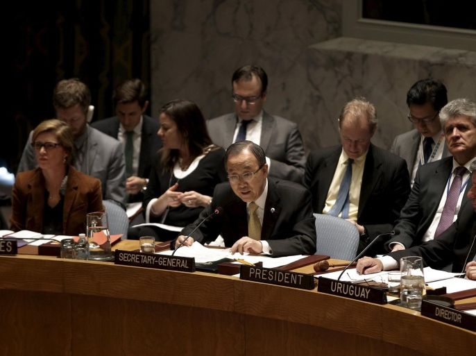 United Nations Secretary General Ban Ki-moon addresses a United Nations Security Council meeting on the Middle East at U.N. headquarters in New York, January 26, 2016. At left is U.S. Ambassador to the U.N. Samantha Power and at right is Uruguay's Foreign Minister and current Security Council President Rodolfo Nin Novoa. REUTERS/Mike Segar
