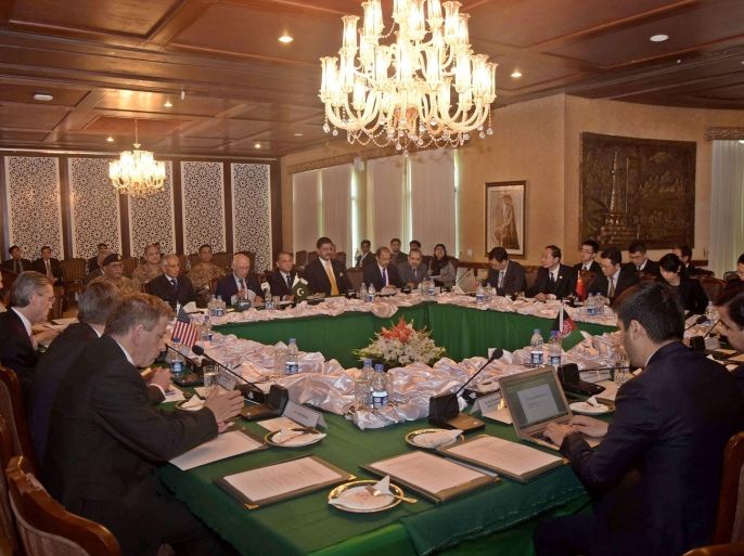 A handout picture released by Associated Press of Pakistan (APP) shows Pakistani foreign affairs adviser Sartaj Aziz (3L) chairs the first ever round of four-way peace talks meeting with Afghanistan, US and Chinese delegates, in Islamabad, Pakistan 11 January 2016. Representatives from Pakistan, Afghanistan, China and the United States began meeting in Islamabad on 11 January to discuss how to revive the peace process between the Kabul administration and Taliban insurgents amid a surge in violence. The first round of the coordination committee was being held amid hopes that the initiative would help end 15 years of war in Afghanistan by bringing the rebels to the negotiating table. Pakistani foreign affairs adviser Sartaj Aziz addressed the first session, which is aimed at defining the direction of the process. EPA/APP/HANDOUT