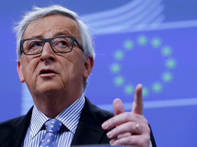 European Commission President Jean-Claude Juncker gestures as he speaks to the media during his first 2016 news conference on the agenda of the EU institutions at the European Commission in Brussels, Belgium, 15 January 2016. Juncker also came back on main topics of the EU's 2015 agenda.