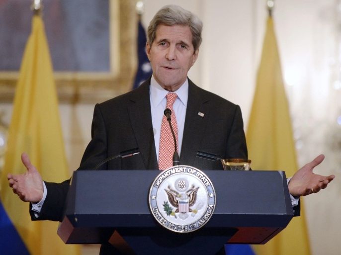 US Secretary of State John Kerry speaks during a joint press availability with Colombian President Juan Manuel Santos (not pictured) at the Department of State in Washington, DC, USA, on 05 February 2016.